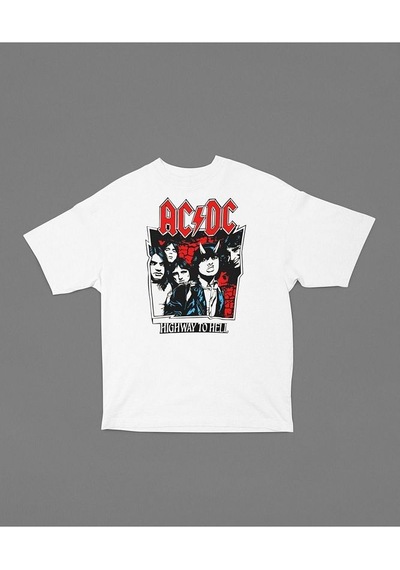 Müzik Grubu Rock Metal Highway To Hell Baskılı Unisex Tişört, Ove Beyaz