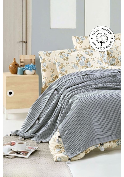 Vionel Home Pamuklu Waffle Desen Ponponlu Çift Kişilik Pike Gri