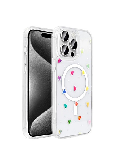 Apple Uyumlu iPad iPhone 15 Pro Max Kılıf M-safe Şarj Özellikli Şeffaf Zore Folk Sert Kapak Kalp