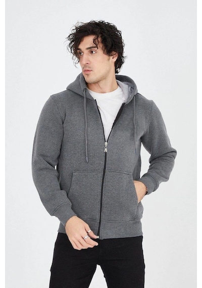 Mbb E-ticaret Erkek 3 İplik Pamuklu Fermuarlı Kapüşonlu Kanguru Cepli Hoodie Hırka Sweatshirt - Füme