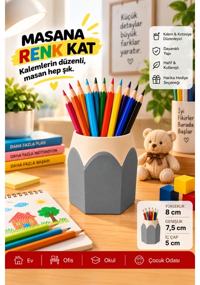 Kalemlik Renkli Kurşun Kalem Tasarımlı, 3d Baskı Bej - Gri