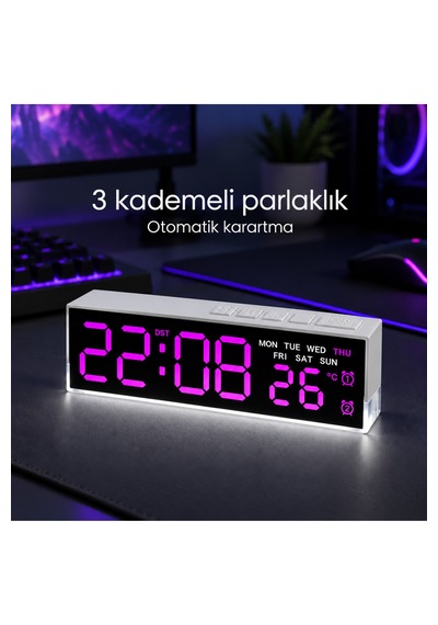 Akıllı Led Dijital Masa Saati Mor Renk