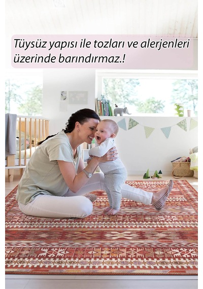 Folk Etnik Karabağ Desenli Dokuma Taban Dekoratif Kırmızı Halı Ba 43 Bej