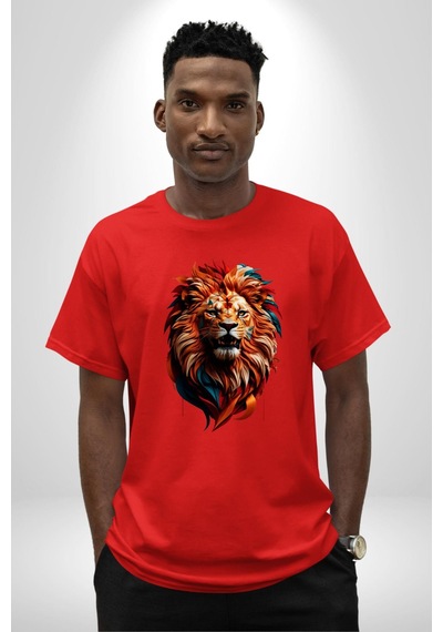 Renkli Kaplan Kükrüyor Pamuklu Bisiklet Yaka Unisex Oversize Boyfriend Dijital Baskılı Kırmızı T-shirt Kırmızı