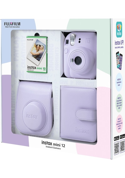 Fujifilm Instax Mini 12 Fotoğraf Makinesi + 10'lu Film Kare Albüm + Deri Kılıf Bundle Box Lila