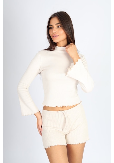 Soft&Basic Bej Balıkçı Yaka Baby Overlok Dikişli Bluz Bej