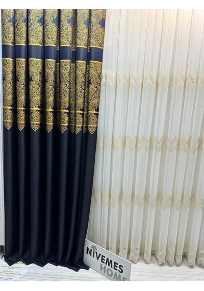 Nivemeshome Milas Lacivert-gold 671539 1/3 Sık Pileli Fon Perde Apm Lacivert-gold