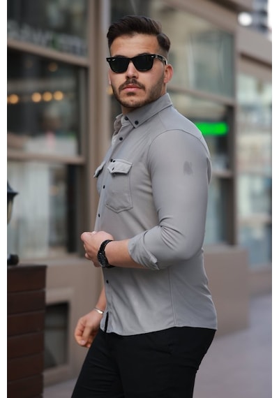 Erkek Çift Cepli Çıtçıt Düğmeli Uzun Kollu Gömlek Gri