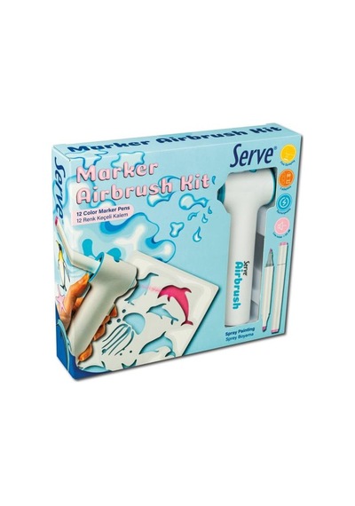 Serve Airbrush Kit 12 Li Keçeli Kalem Seti Şarjlı Sprey Boyama Makinesi, 3 Adaptörlü, Şablonlu Çocuk Boyama Seti