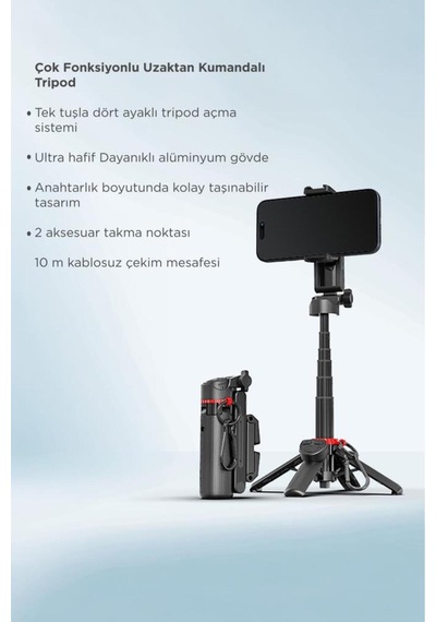 Tripod Çok Amaçlı 360 Derece Kumandalı Mini Selfie Çubuğu L10 Siyah