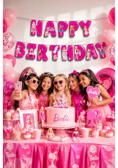 Barbie Happy Birthday Yazı Banner Kız Çocuk Doğum Günü Parti Süsü Dekoru Genel