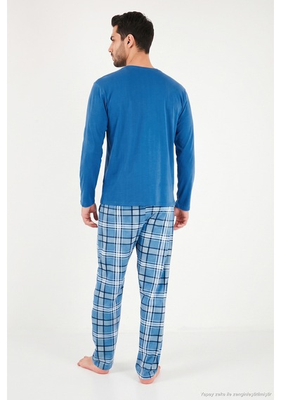 Buratti Ekoseli Pamuklu Bisiklet Yaka Pijama Takımı Erkek Pijama Takımı 6575007 Mavi
