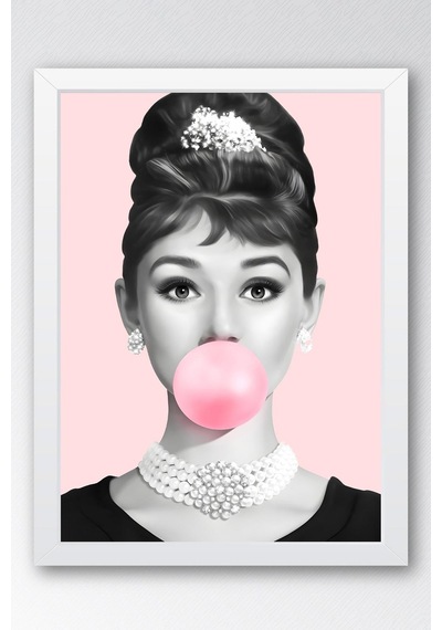 Audrey Hepburn Pembe Sakız Balonu Çerçeveli Tablo - Pop Art Poster Tablo