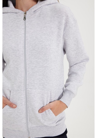 Tudors Kadın Oversize Geniş Kesim %100 Pamuk Kapüşonlu Fermuarlı Cepli Gri Sweatshirt-52773