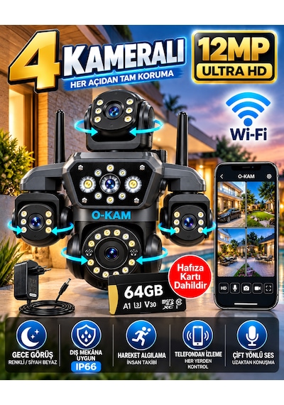 O-kam Ok-251 12mp 4 Kameralı Wifi Gece Görüş Çift Yönlü Ses Uzaktan İzleme Kişi Takibi Türkçe 64gb Akıllı Güvenlik Kamerası
