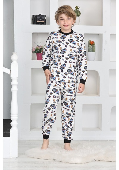 Modanino Erkek Çocuk Araba Baskılı Pijama Takımı 1-7 Yaş 12290 Beyaz