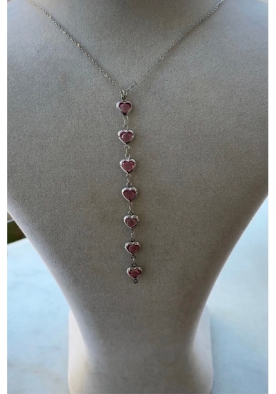 Kadın Gümüş Renk Kalpli Özel Tasarım Y Model Kolye 45 Cm Pembe
