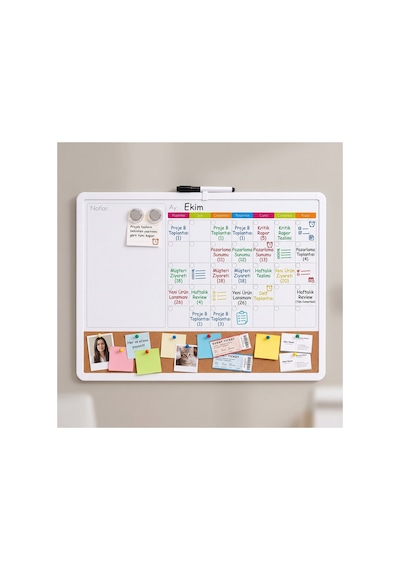 3'ü 1 Arada Manyetik Takvimli Mantar Pano Ve Yazı Tahtası 43x58.5 Cm + Kalem, Magnet, Sticker Seti Beyaz