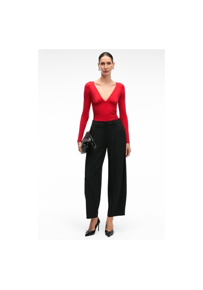 Grımelange TEVRINE Kadın Kruvaze Yakalı Esnek Kumaşlı Uzun Kollu Çıtçıt Kapamalı Slim Fit Kırmızı Bluz