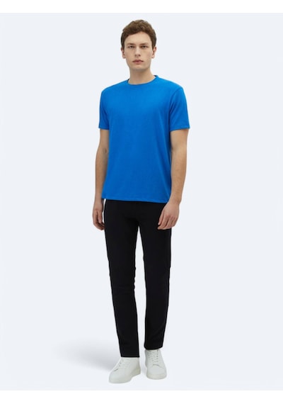 Kip Saks Düz Bisiklet Yaka Pamuk Karışımlı T-shirt Saks