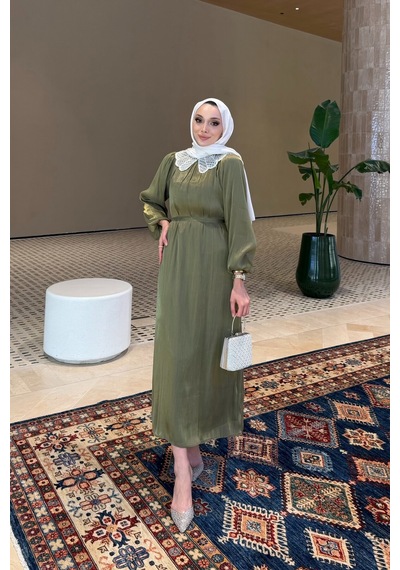 Riella Butik Dantel Yakalı Zarif Tesettür Elbise Haki