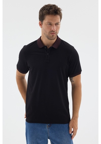 Siyah-bordo Polo Yaka Pike Kısa Kol Slim Fit %100 Pamuk Tişört 1011260171 Siyah - Bordo