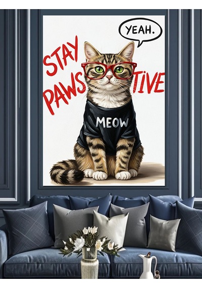 Ahşap Tablo Gözlüklü Kedi Yazılı Poster