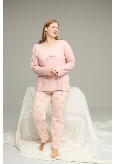 Siyah İnci Curve Büyük Beden Battal Boy Pamuklu Pijama Takım25240803 Pudra