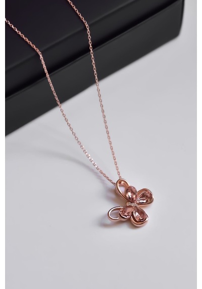 925 Ayar Gümüş Rose Kaplama Zirkon Taşlı Pembe Morpho Kelebeği Kolye