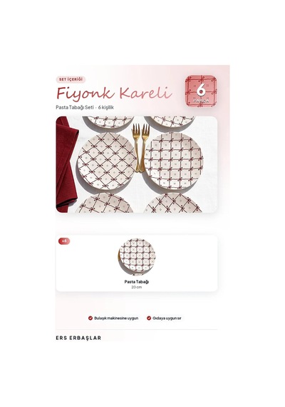 Fiyonk Kareli 6'lı Pasta Tabağı Seti 20 Cm Çok Renkli