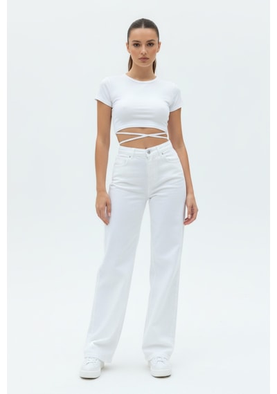 Woddi Nova Kadın Yüksek Bel Beyaz Salaş Jeans Wide Leg Geniş Paça Palazzo Kot Pantolon
