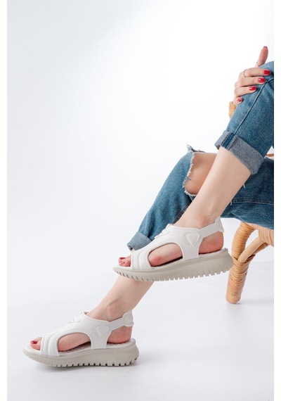 Aymood T-221 Beyaz Spring Paraşüt Kumaş Lastikli Ortopedik Kadın Sandalet Beyaz
