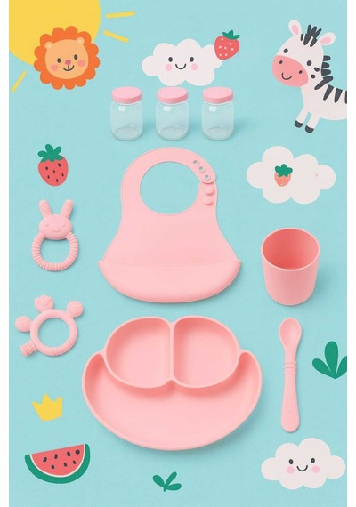 Bebek Beslenme Seti Pembe 9 Parça Silikon Mama Seti Bpa Sız
