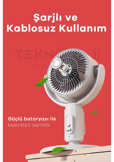 F1 Fan Masaüstü Ve Ayaklı Kullanım Şarjlı Döner Başlı Zaman Ayarlı Kumandalı 5 Kademeli Vantilatör