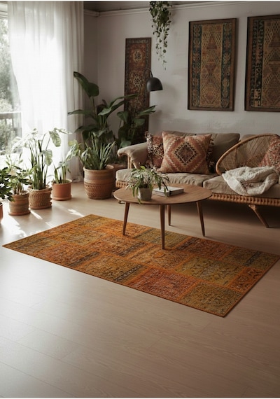 Modern Bohem Stil Vintage Halı Özel Tasarım Patchwork Koleksiyonu Doğal Halı Turuncu