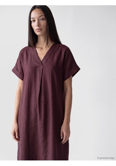 Lcw Everyday Bordo V Yaka %100 Keten Elbise