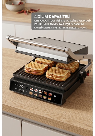 Sinbo SSM-2597 2000 W 10 Ön Ayarlı Dijital Ekranlı Sıcaklık Ve Zaman Göstergeli Döküm Plakalı Izgara Ve Tost Makinesi