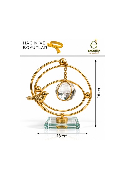 Evonıta Dekoratif Cam Küreli Kuş Figürlü Biblo Altın Renk Metal Masa Üstü Süs Kristal Tabanlı Salon Konsol Dekoru