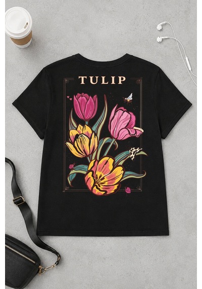 Spoyi Tulip Tasarımlı %100 Pamuk Yarım Oversize Siyah T-shirt