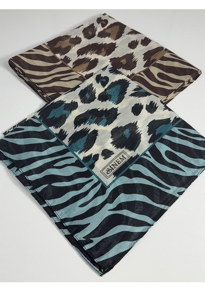 Sinem İndia Leopar Desen 2'li Eşarp -6294 Kahve-mavi