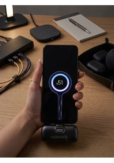 Rainvolt Mini Kapsül Powerbank Led Dijital Göstergeli & Dahili Kablolu Taşınabilir Şarj Cihazı siyah