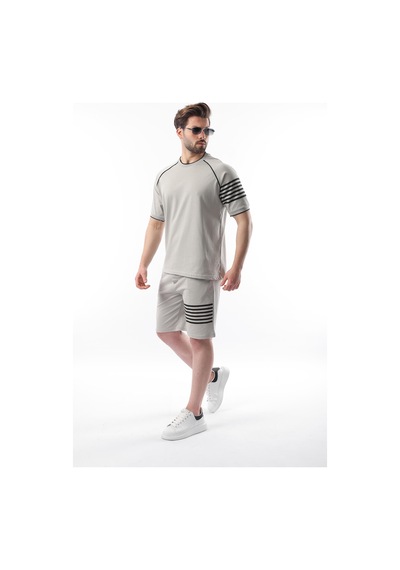 Madmext Boyalı Gri Baskılı Reglan Kol Erkek Şort T-shirt Takımı E7306