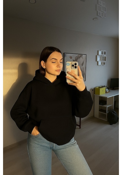 Benroma 3 İplik Penye Kadın Düz Renk Sweatshırt SIYAH