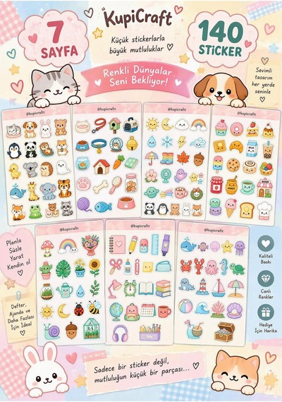 Kawai Temalı 7 Sayfa Sticker Seti Sevimli Hayvanlar Sticker 0