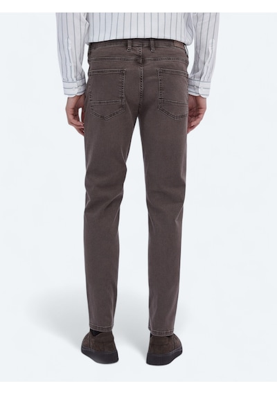 Kip Kahverengi Düz Slim Fit Denim Pamuk Karışımlı Pantolon