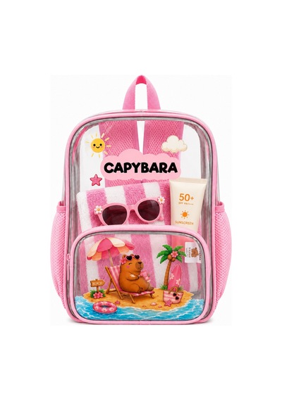 Capybara Lisanslı Şeffaf Çocuk Çantası - Hafif Ve Dayanıklı Şeffaf Sırt Pembe