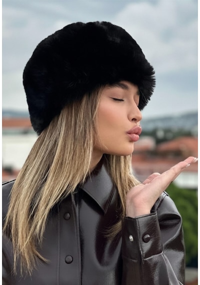 Mollycrush Kışlık Kadın Trend Peluş Siyah Suni Kürk Kalpak Şapka Kazak Rus Tarzı Siyah