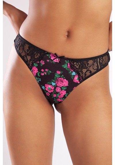Golshan Gardenia Mini Sitring, Kadın Dantelli Çiçek Baskılı Siyah String Külot Çok Renkli