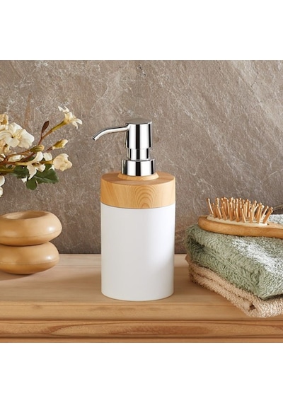 Bersachef Limpia Bambu Desenli 5'li Banyo Seti Çöp Kovası Sıvı Sabunluk Diş Fırçalık Kutusu Banyo Seti Beyaz