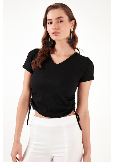 Lela Slim Fit V Yaka Yanları Büzülebilir Bayan Bluz 5864011 Siyah
